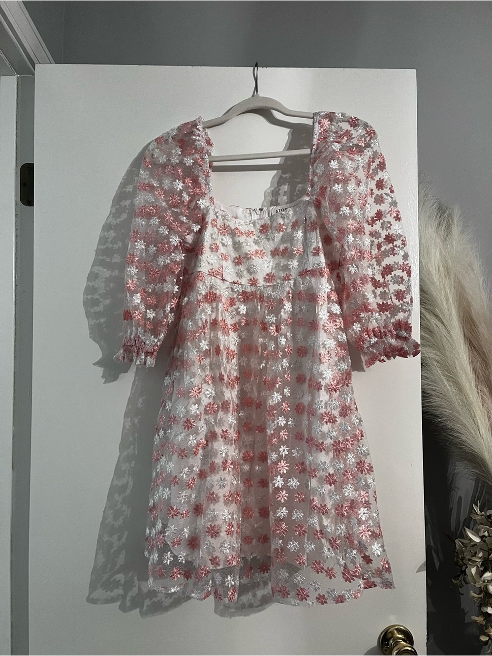Storia White Dress with Pink Floral Overlay and Puff Sleeves